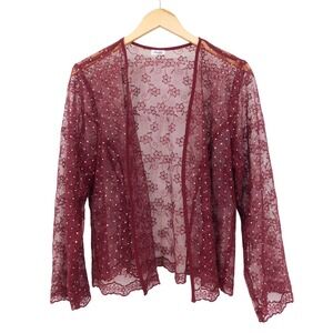 Sally USA Burgundy Sheer Floral Lace Sequin Open Front Cardigan‎ Y2K Womens